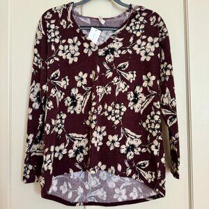 Mia & Tess Long Sleeve Hooded Shirt Sweater Burgundy White Flowers Size Small